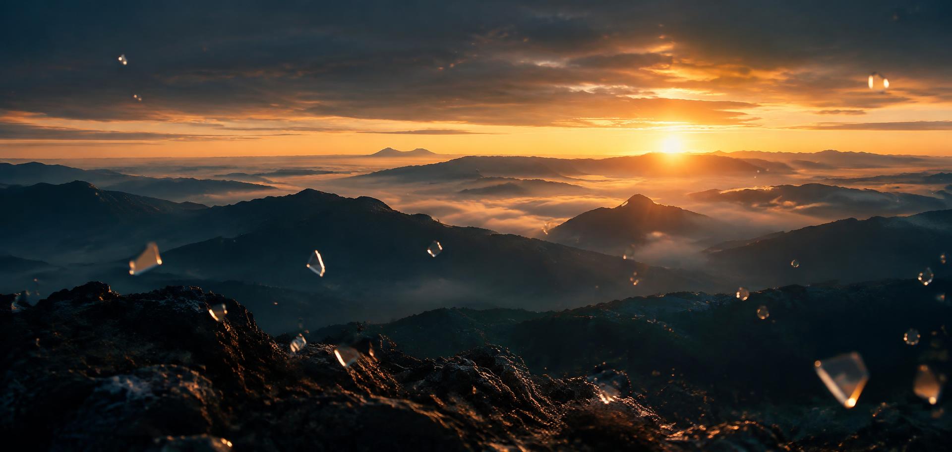 Sunrise over misty mountain ridges with floating glass fragments