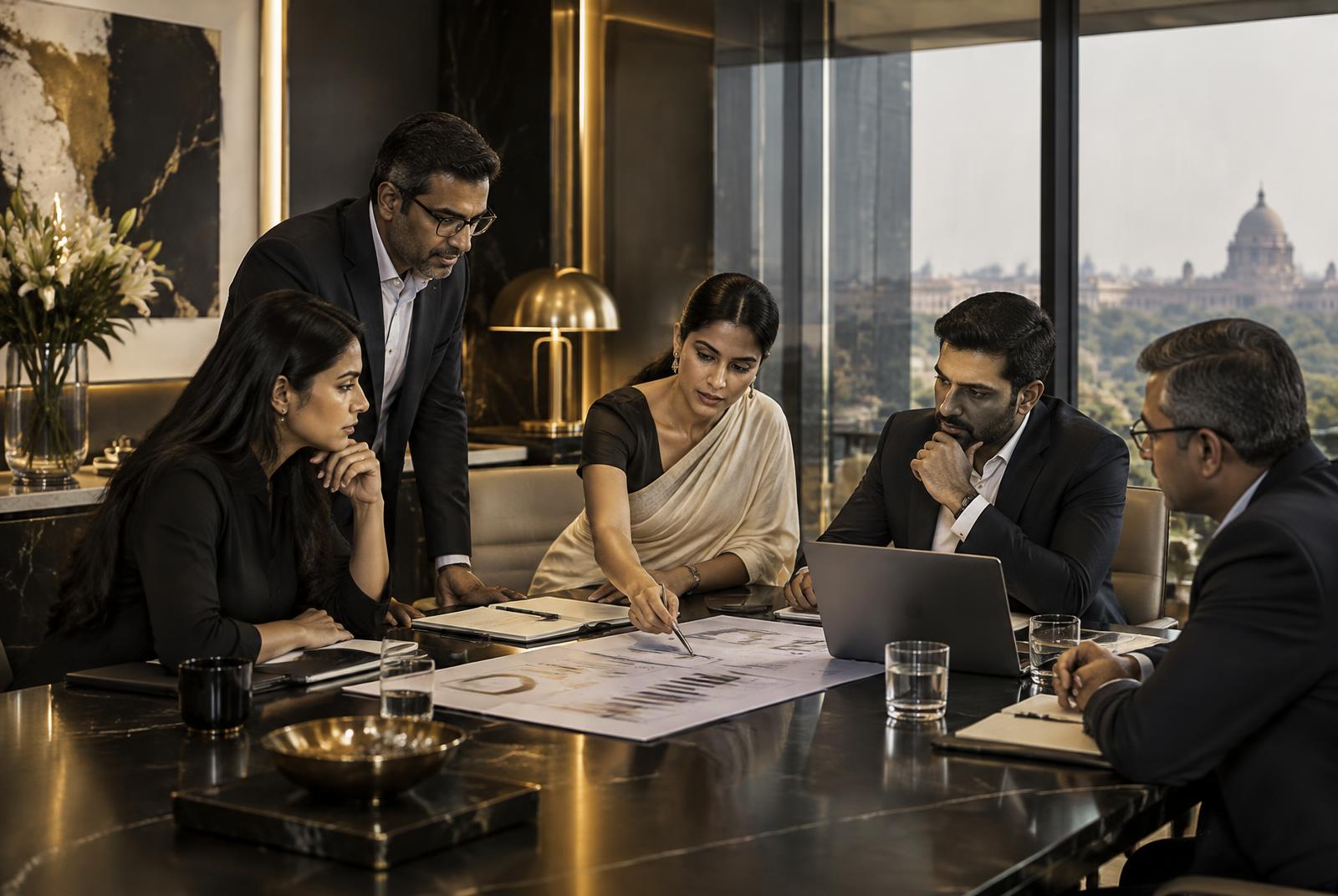 Business leaders reviewing a strategy together in a New Delhi office